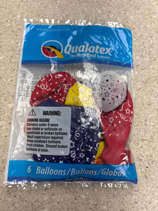 Qualatex 11” R Stretch/Kint/Confetti- 6pcs (party balloon imp packed)